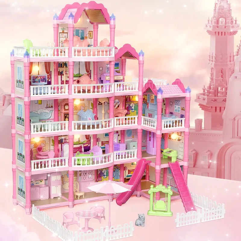 Villa Toy Set Playhouse with Miniature Dolls, Perfect for Multi-Player Interaction, Ideal Gift for Ages 3+, Includes Lights (requires Aa Batteries)