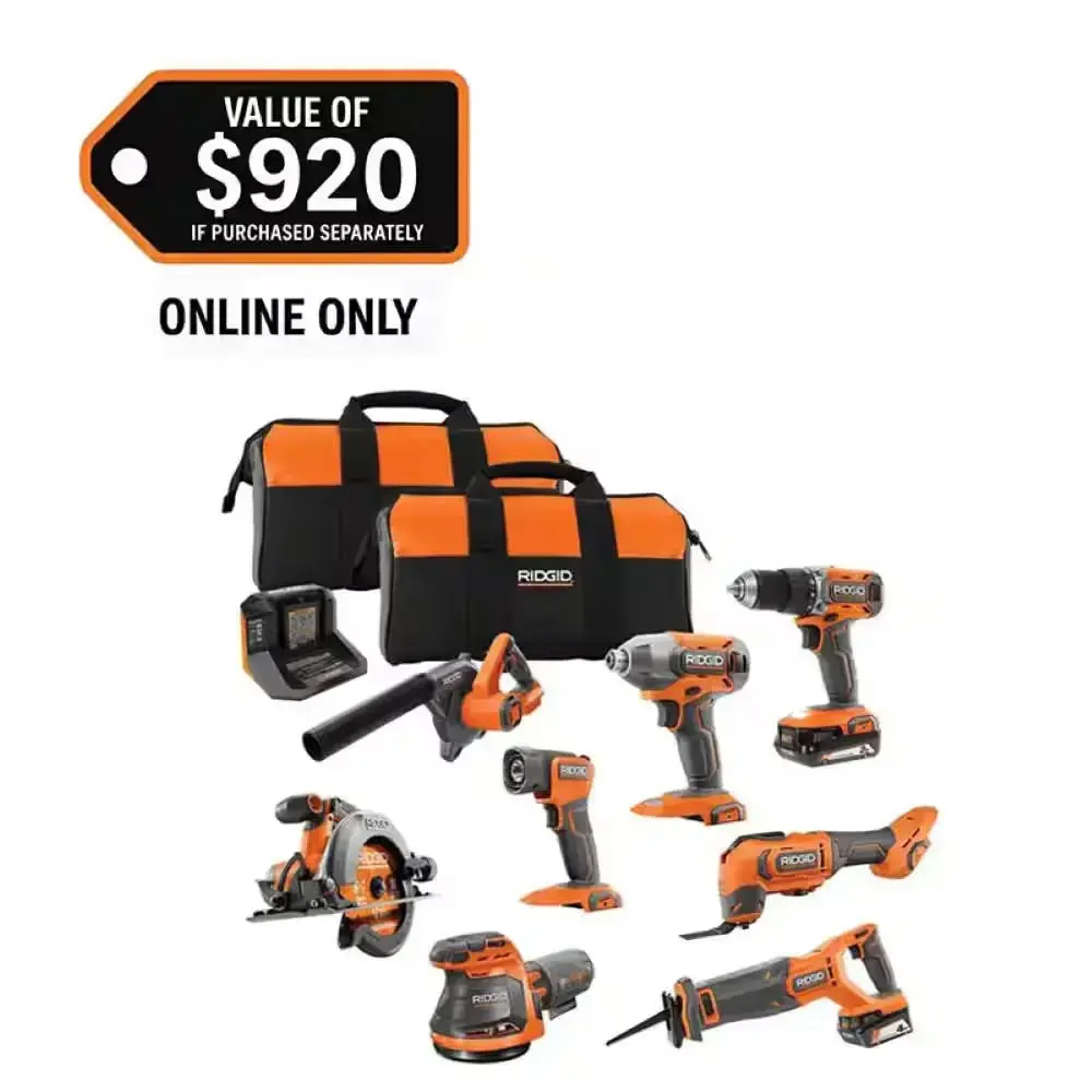 Ridgid 18V Cordless 8-Tool Combo Set - High Torque 1,850 in-lbs., 1-1/8 in. Stroke Length, 110 cfm, 160 mph, 400 Lumens, 2.0 Ah & 4.0 Ah Batteries, Charger, Ridgid 18V Batteries Compatibility, Lifetime Service
