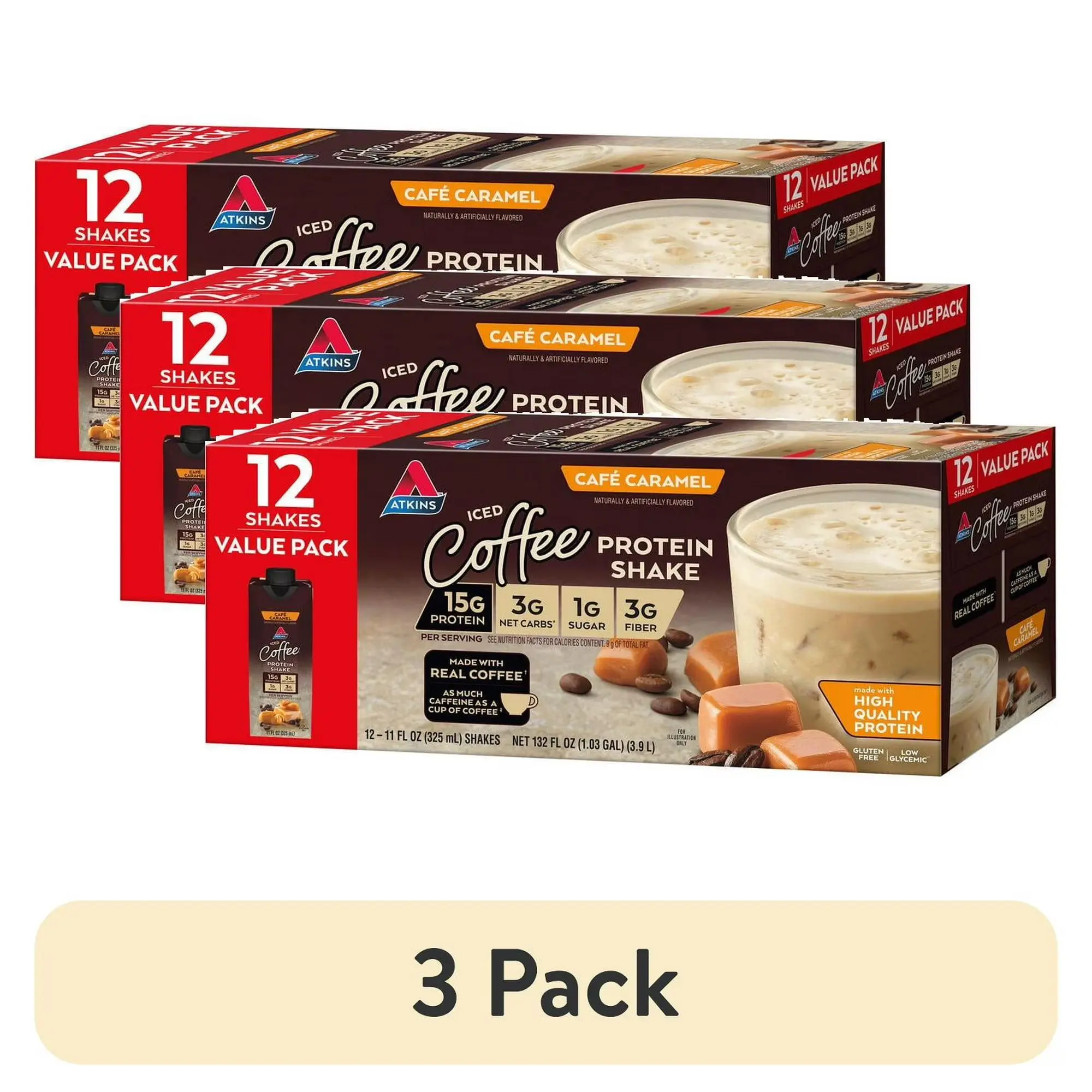 Atkins Café Caramel Iced Coffee Flavor High Protein Shake, 15g of Protein, 1g Sugar, Low Carb and Low Sugar Protein Shakes, Keto Friendly, 12 Count