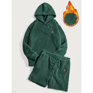 [Stylish Hoodie] Stylish Black Faux Fur Hoodie & Shorts Set - Soft Polyester | Men's Casual Streetwear for Fall Winter, Winter Wear Zipper Pockets, Drawstring Waist, Knit Construction, Essential