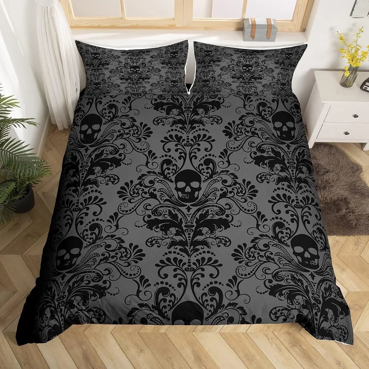 Feelyou Black Pattern Duvet Cover Set - Antique Victorian Baroque, Gothic Vintage Floral Damask Design, Exotic Bed Cover with Zipper Closure (No Comforter Included) for Bedroom, Decorative Bedding Set, Bed Covers