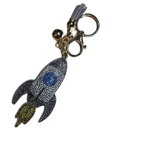 Gray Rocket Bag Charm or Keychain with Sparkling Blue and Yellow Accents for Stylish Accessories