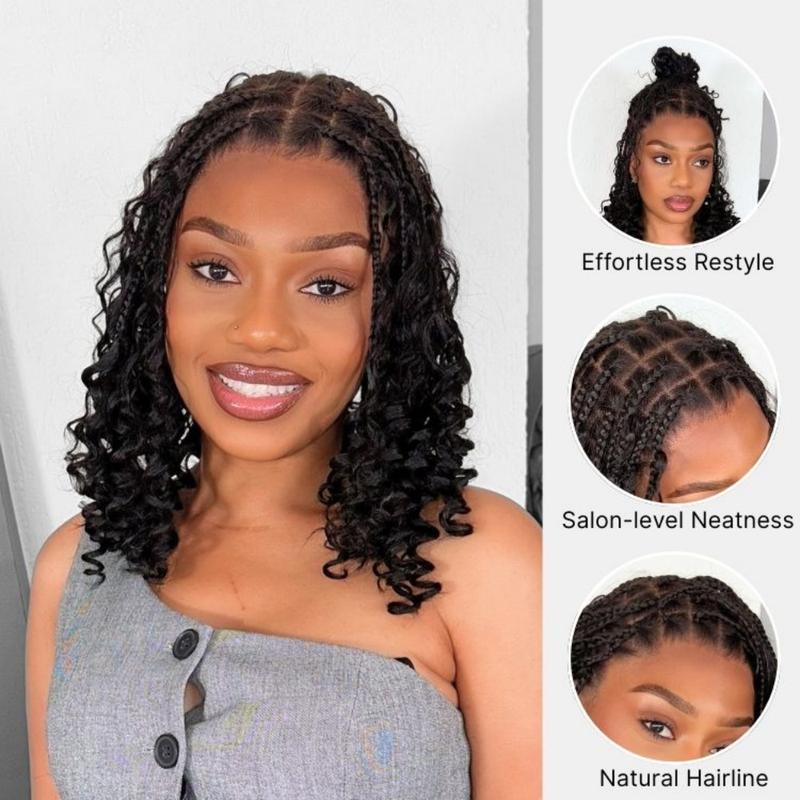 Flash Sales Braided Wig Knotless  Braids Wig 16''Boho Briaded Wigs Box Braid Human Hair Curls Flexi-Fit Invisi Drawstring Cap HD Full Lace Super Natural Scalp
