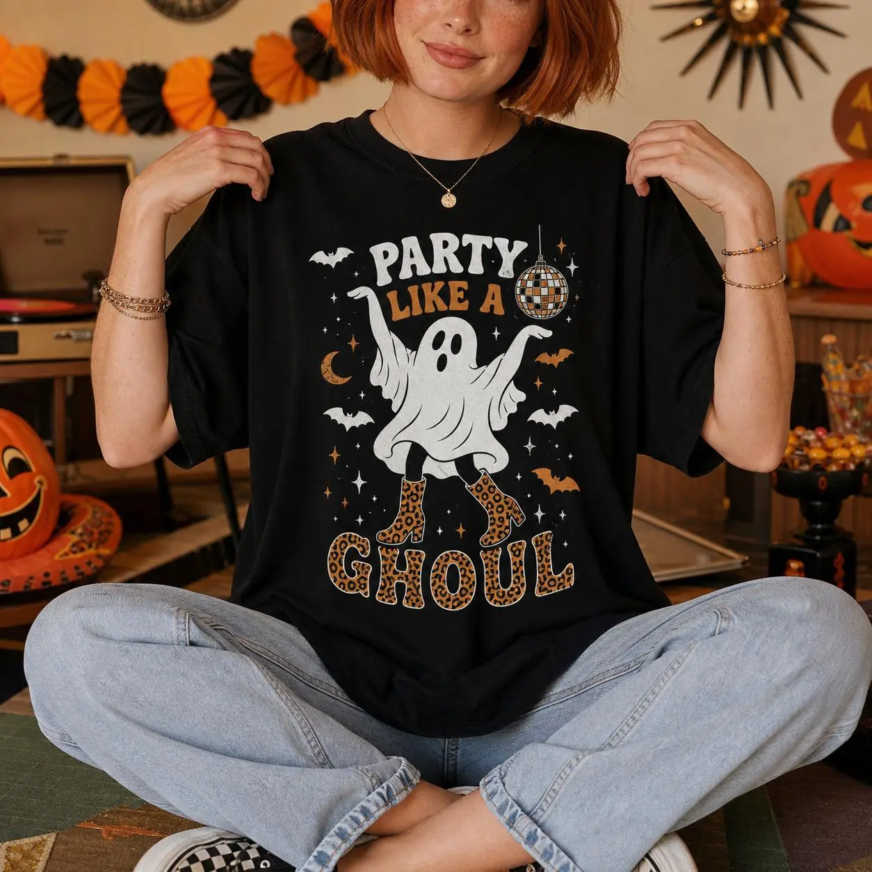 Women's Party Like a Ghoul Disco Sporty Sports Top, Halloween Ghost Graphic T-Shirt for Dancing, Sporty Sports Tops