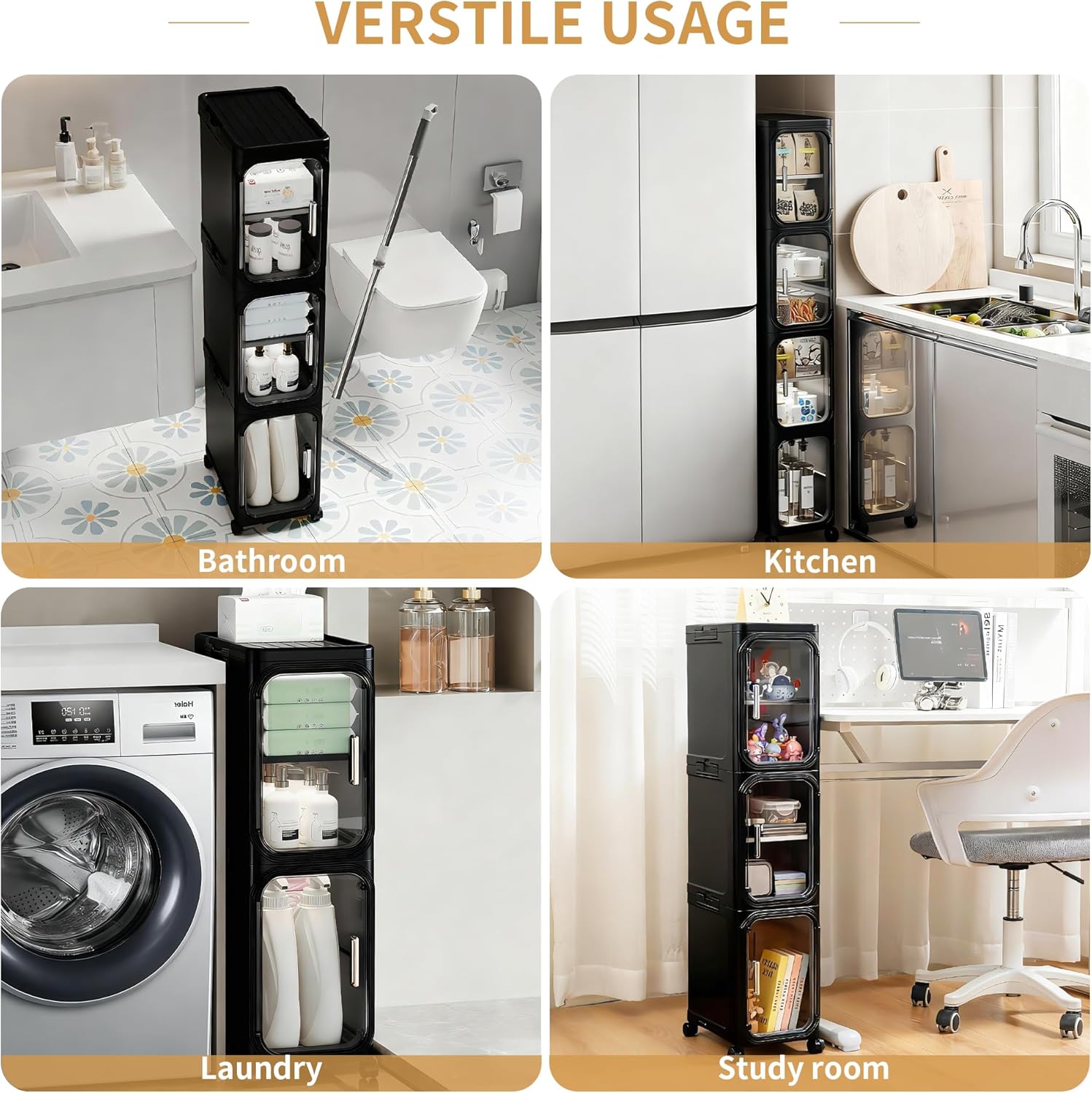 Black White Slim Storage Cabinet No Installation Foldable Movable With Wheels Magnetic Door Transparent Waterproof Dustproof Kitchen Bathroom Bedroom Large Capacity Organizer