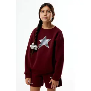 Pacsun Kids Maroon Plaid Star Embroidered Crew Neck Sweatshirt
