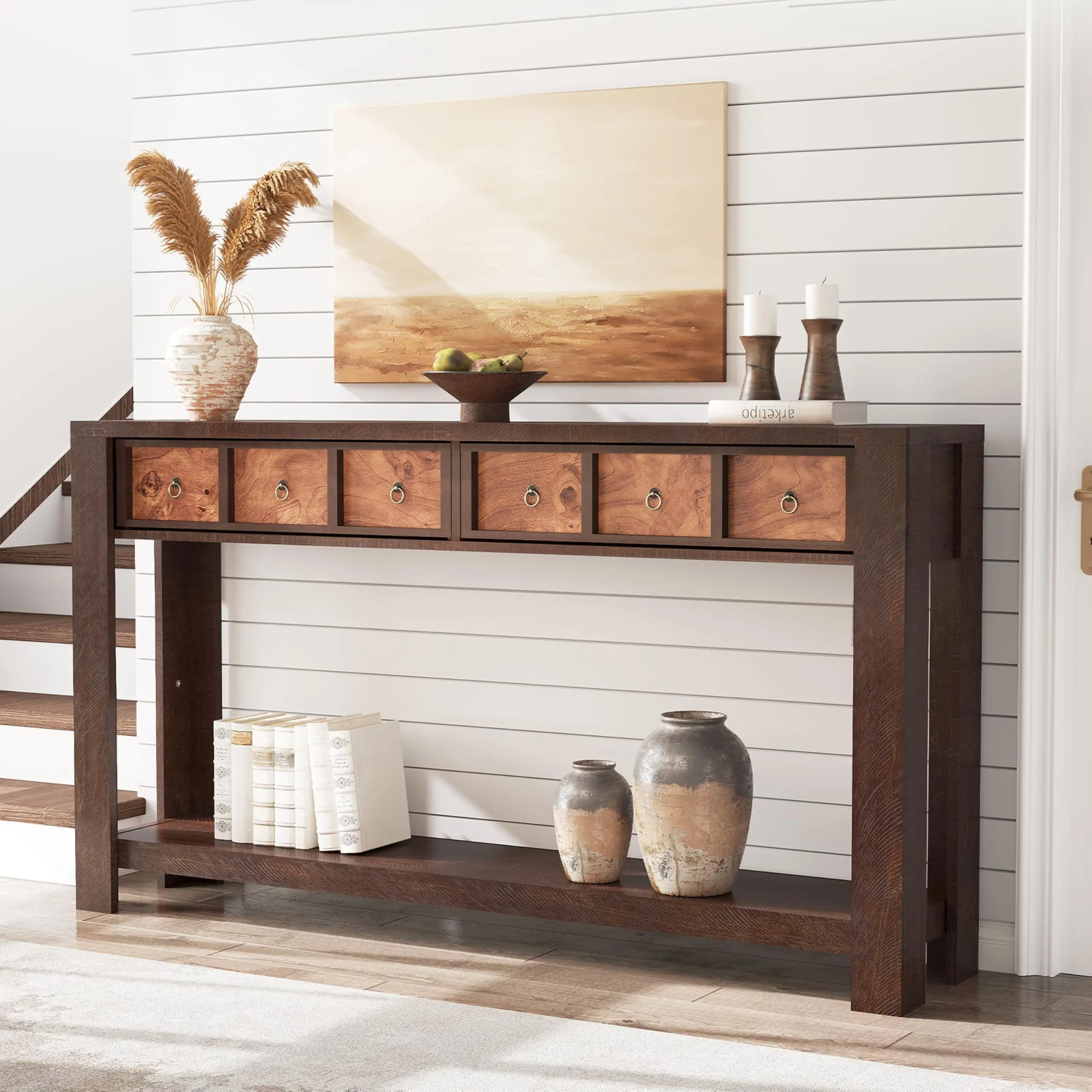 GARVEE 59 in Long Console Table, Wooden Entryway Table with 2 Drawers & Open Storage Shelf, Sofa Table Behind Couch, Farmhouse Entry Foyer Table for Entryway, Hallway, Living Room