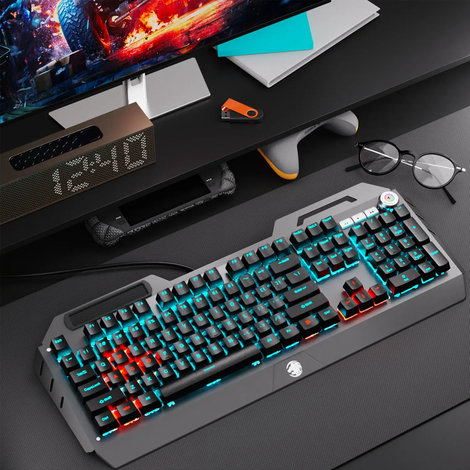 EWEADN Wired Mechanical Gaming Keyboard, RGB Backlight Keyboard with Multimedia Knob, Durable All-metallic Design Keyboard for PC/Laptop