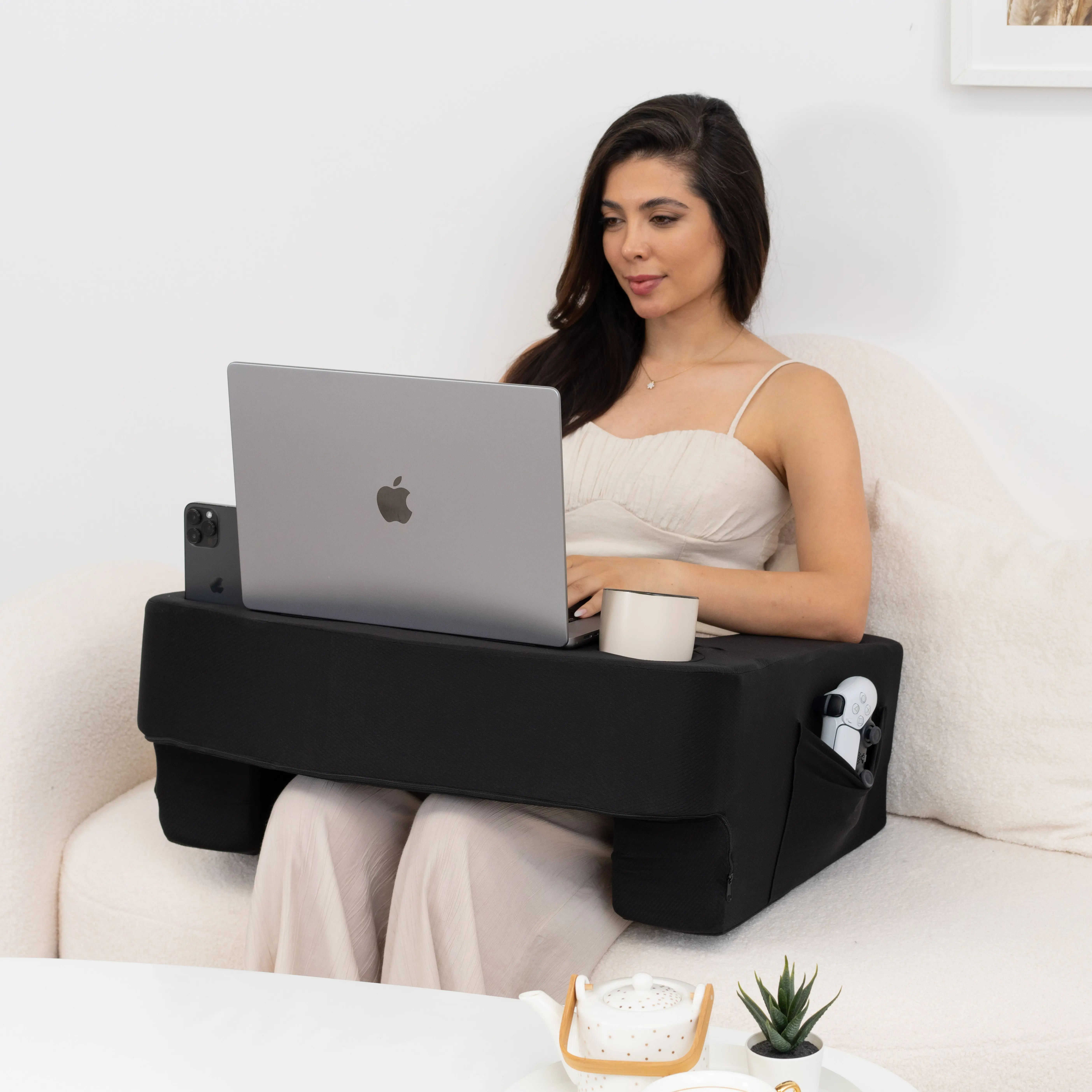 TabCouchCaddy Reading Pillow for Gaming – Lap Desk & Arm Rest with Cup & Phone Holder, Adjustable Heights, Wrist & Laptop Support, Large Pockets – Comfortable for Work, Gaming & Crocheting (Black)