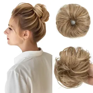 2PCs Small Cute Messy Bun Hair Piece for Thin Hair Women Mini Synthetic Curly Bun Scrunchies Updo Hairpieces Sahara Beige