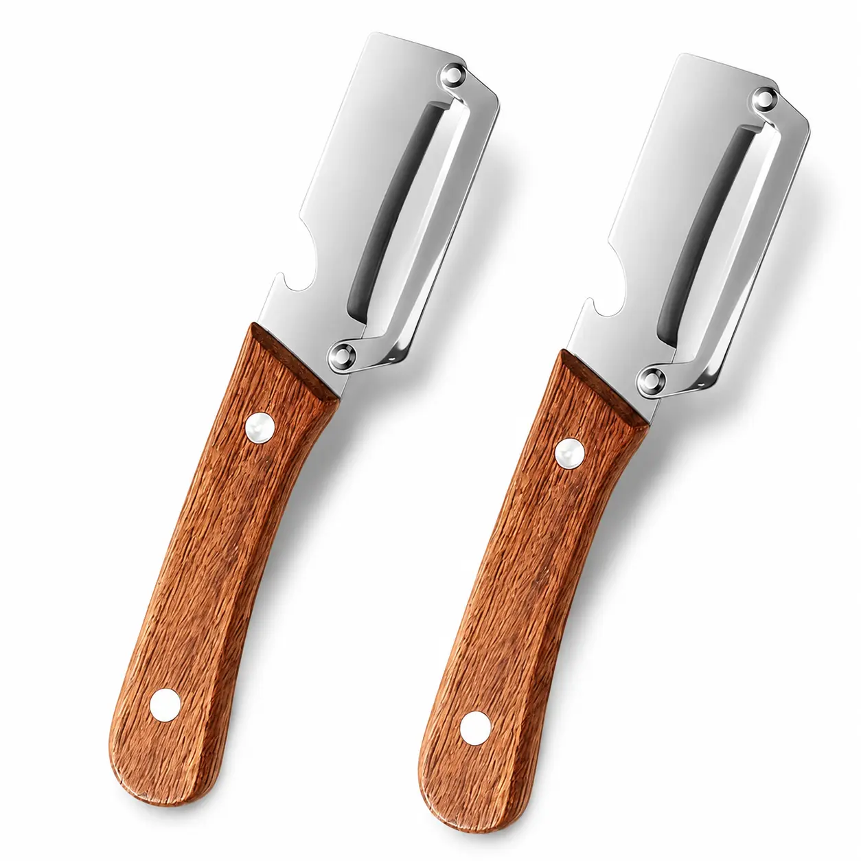 MultiFunctional Vegetable Peeler for Kitchen，Multifunctional Vegetable Peeler with Wooden Handle and Bottle Opener，2-in-1 Stainless Steel Kitchen Tool for Fruit Apple Potato Pumpkin Papaya (2)