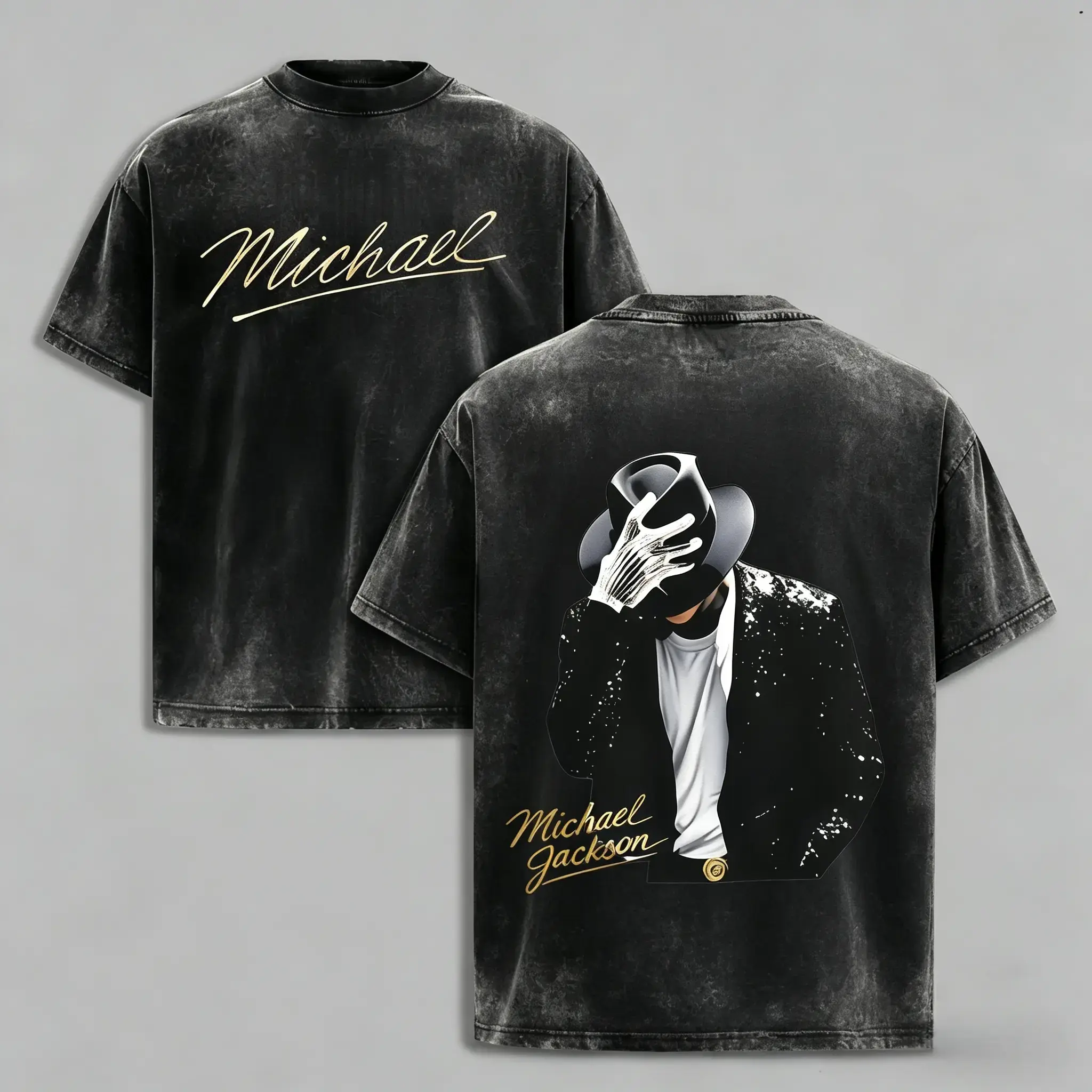 Washed T-shirt,100% cotton, featuring Michael Jackson's iconic signature and classic pose patterns. Suitable for summer streetwear. Retro street style. #Michael Jackson# #Jafar Jackson# #Biography Film# #Musical Legend#，funny graphic tee Casual Menswear
