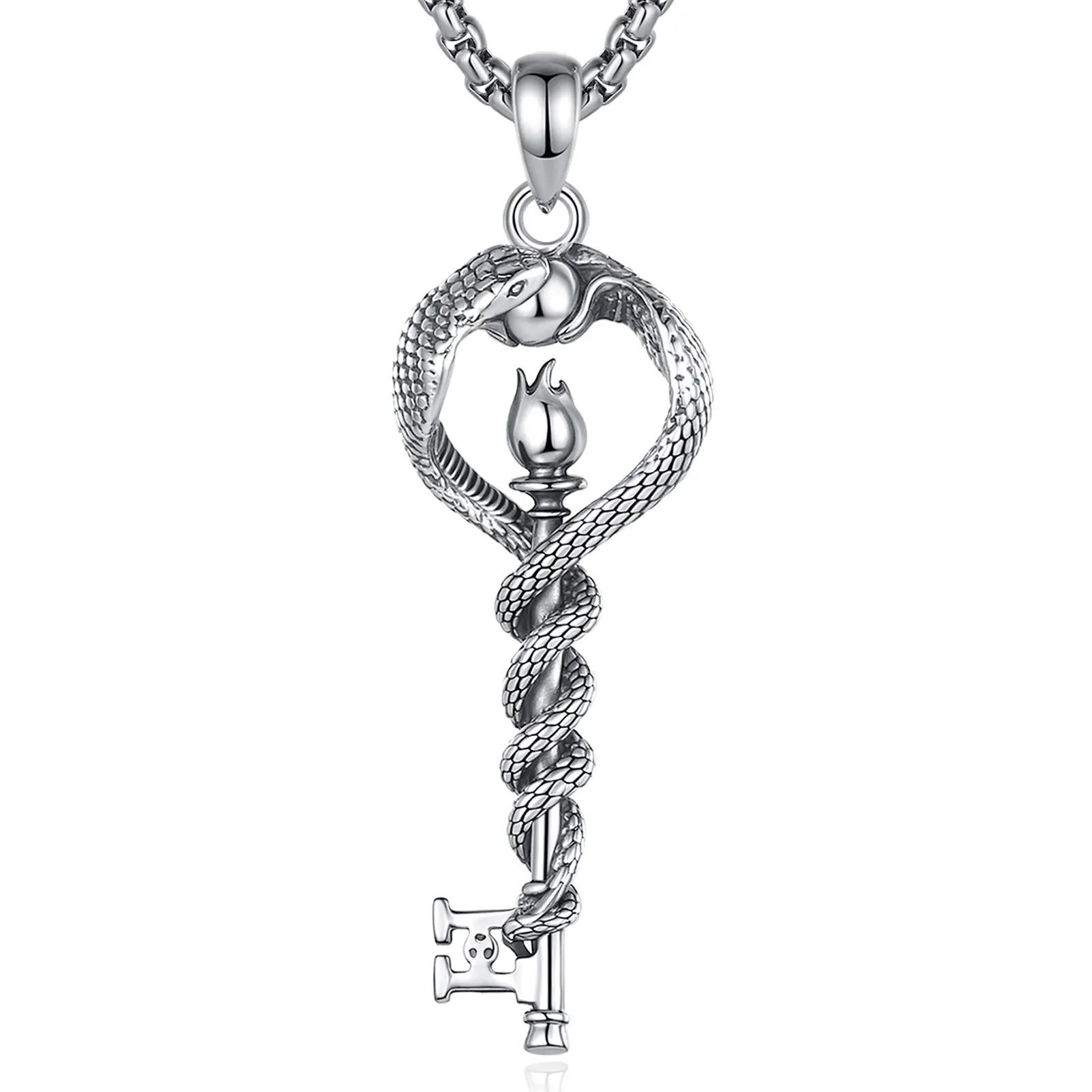 Eudora S925 Sliver Sacred Hecate Key Necklace, Double-Sided Triple Goddess Pendant, Witchcraft Torches Amulet, Oxidized Devotional Pagan Jewelry, Witchy Gift