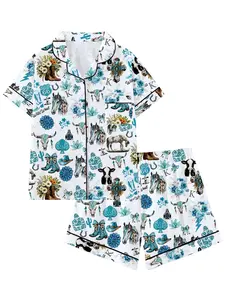 Teen Boys American Blue Western Cowboy Sleepwear Set, Button-Up Shirt and Shorts, Casual Loose Fit, All Seasons, Comfortable Gift