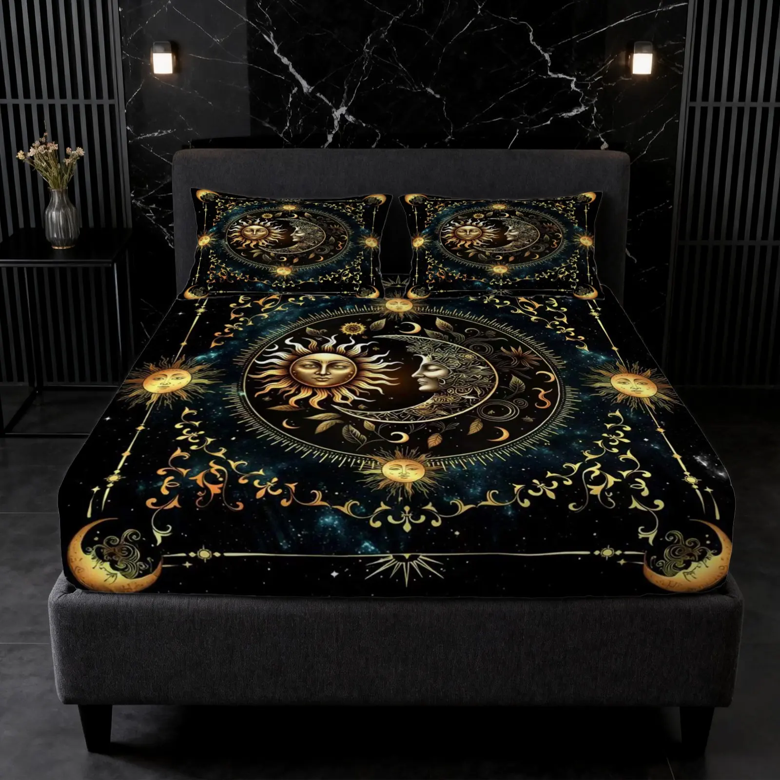 Sun & Moon Fitted Sheet 3-Piece Set, Includes 1 Fitted Sheet + 2 Pillowcases, No Fillers Included, Soft & Skin-Friendly Fabric, Boho Sheets, Boho Mystic Aesthetic Bedding, Suitable for Bedroom, Dorm & Guest Room Decoration