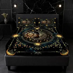Sun & Moon Fitted Sheet 3-Piece Set, Includes 1 Fitted Sheet + 2 Pillowcases, No Fillers Included, Soft & Skin-Friendly Fabric, Boho Mystic Aesthetic Bedding, Suitable for Bedroom, Dorm & Guest Room Decoration, Thoughtful Gift for Him