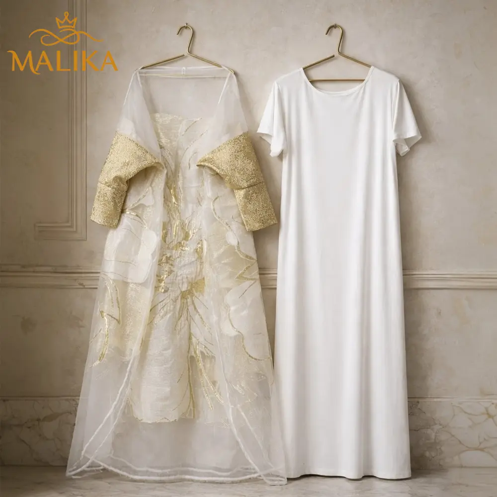 2pcs Set Newdrop Middle Eastern White Flower Brocade Semi Sheer Dress with Soft Lining and Belt Luxury Wedding Party Muslim Kaftan Long Robe