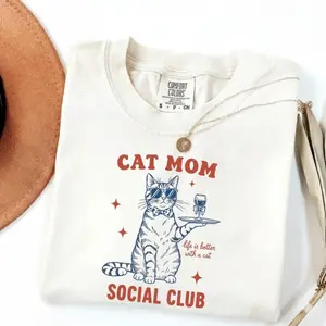 Cat Mom Social Club T-Shirt | Comfort Colors Graphic Tee Cool Cat Illustration Life Is Better With Cat, Soft Cotton T-Shirt Gift for Cat Moms