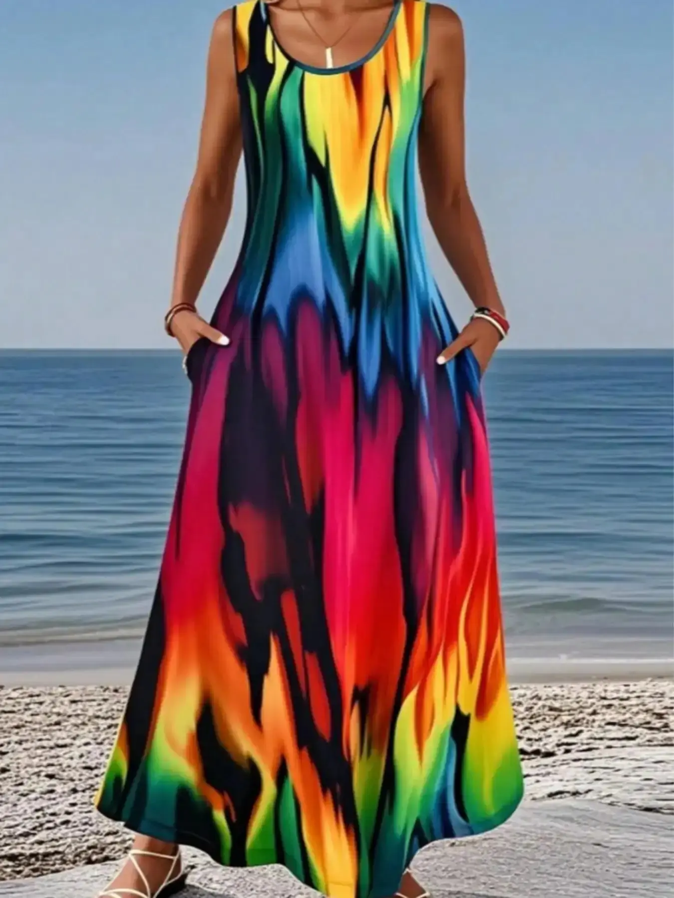 Plus Size Women's Tie-Dye Print Sleeveless Dress Utility Style, Multi-Color Pockets Casual Loose Comfortable Home Design, Curve Friendly Inclusive Fit Body Positive Silhouette