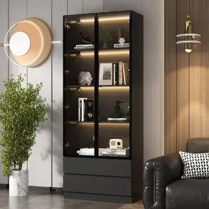 FUFU&GAGA Tall Storage Bookcase, Glass Display Cabinet with 2 Drawers and LED Lights for Livingroom