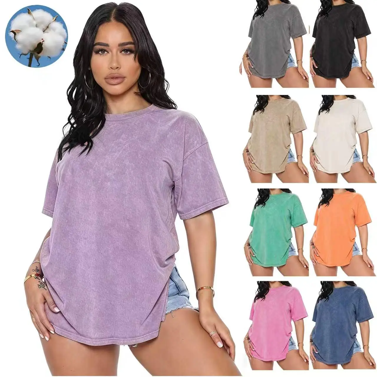 Women’s heavyweight washed distressed pure cotton short-sleeve T-shirt, loose crew neck American vintage relaxed-fit top, suitable for everyday commuting and outdoor sports.