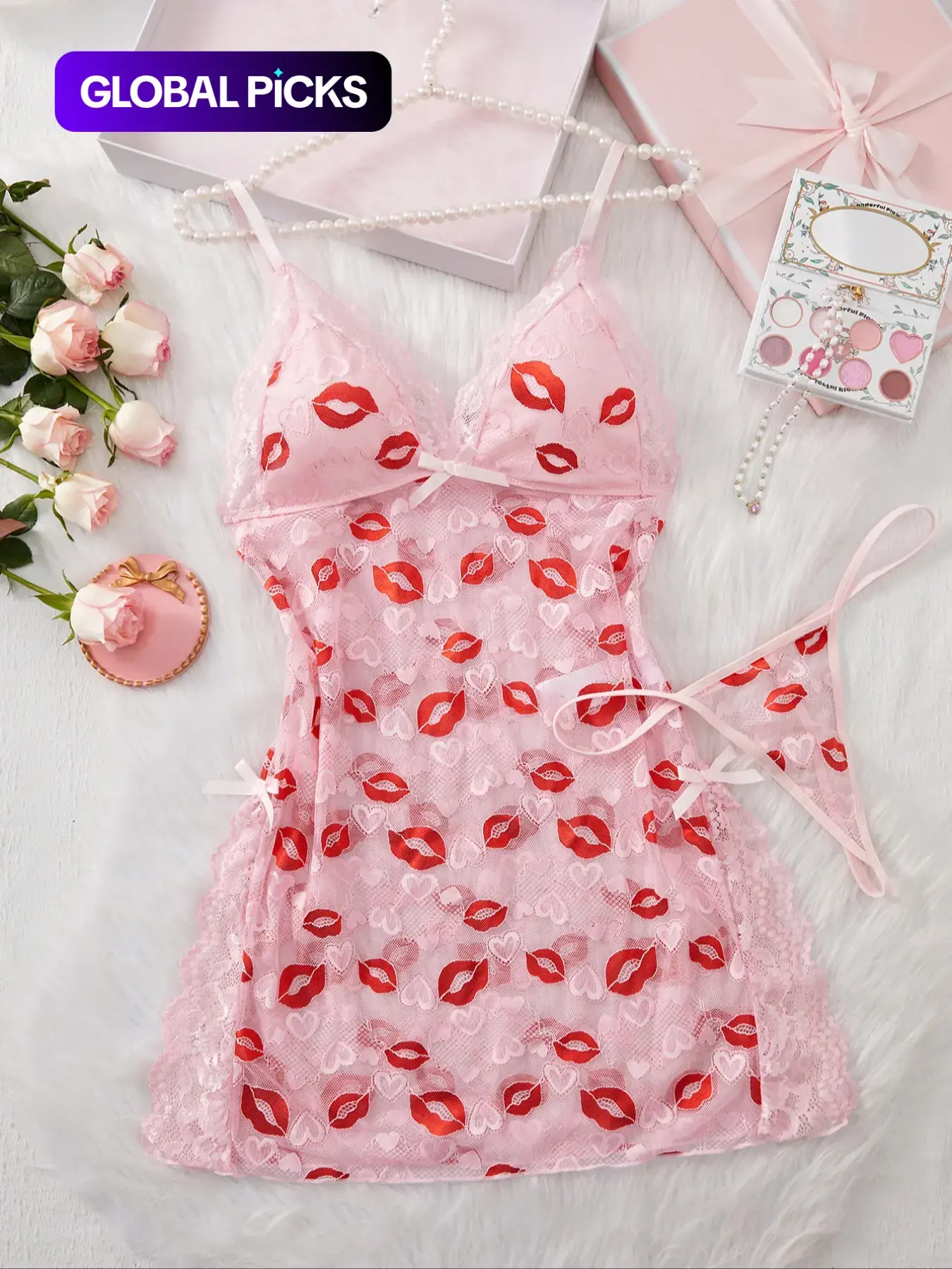 Women's Lip Print Lace Trim Cami Nightdress & Thong Sexy Lingerie Set, Comfy Breathable Nightgown & Panty Set, Women's Sleepwear & Loungewear Set, Sleeveless Nightgown, Nighty Dress