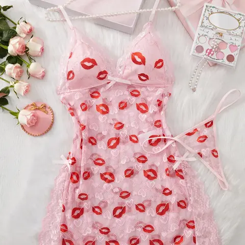 Women's Lip Print Lace Trim Cami Nightdress & Thong Sexy Lingerie Set, Comfy Breathable Nightgown & Panty Set, Women's Sleepwear & Loungewear Set, Sleeveless Nightgown, Nighty Dress