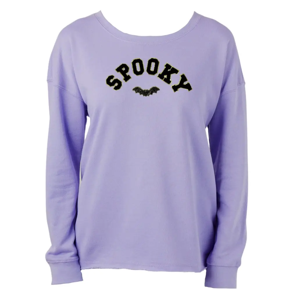 Women's Oversize Loose Hoodie - Spooky Sequin Bat Letter Patch, Raw Edge, Long Sleeves, 1-Piece Casual Halloween Sweatshirt, Baggy
