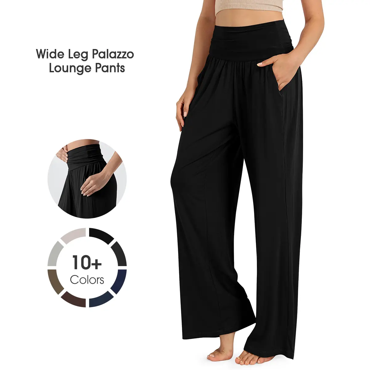 ODODOS Women's Palazzo Lounge Pants, Soft Breathable Wide Leg Trousers with Pockets, Comfortable Fold-Over Waist, Loungewear, Stretchy, Nightwear, Lady