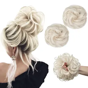 Updo Messy Bun Hair Piece White Blonde Synthetic Fake Scrunchies Ponytail Extension Wavy Curly for Women Girls 2PCS