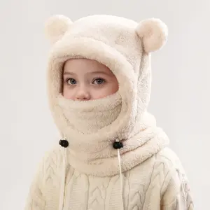 Kids Winter Cute Ear Warm Balaclava with Hood - Lightweight Windproof Face Mask for Outdoor Skiing & Cycling, Thickened Polyester, Adjustable Drawstring, Machine Washable, White with Black Accents