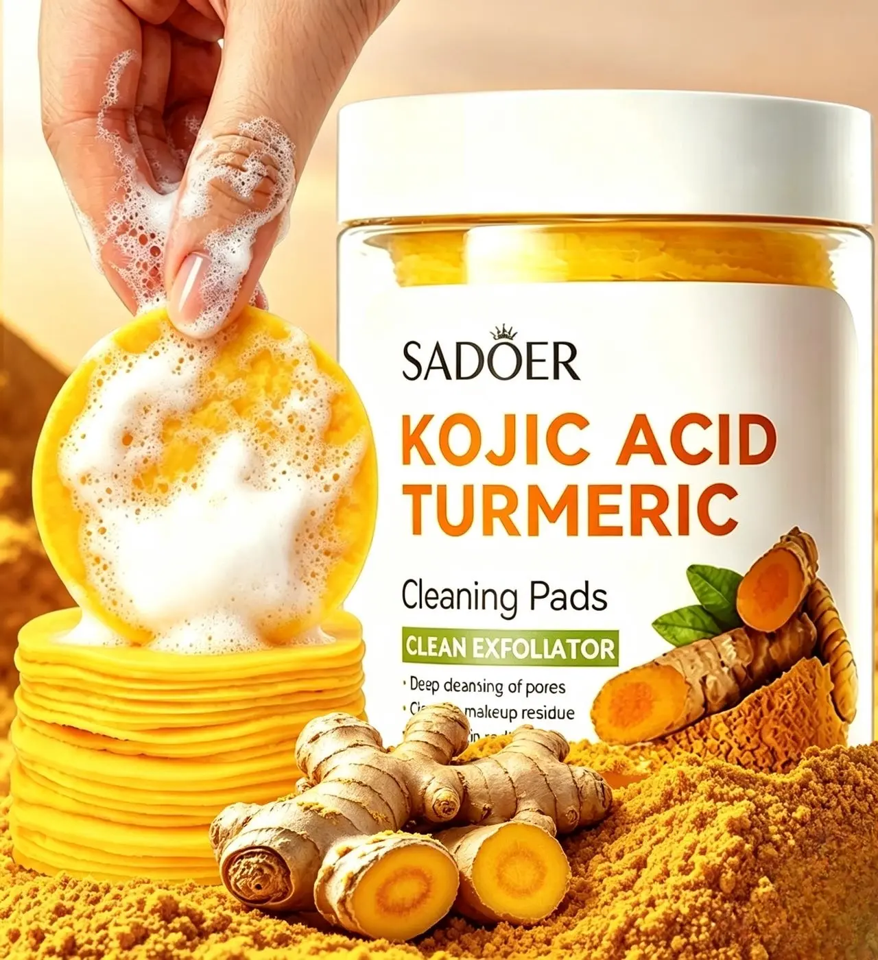 Natural Turmeric Kojic Acid Cleansing Pads, Gentle Exfoliating Wipes for Smooth Glowing Even Complexion Natural Turmeric Kojic Acid Cleansing Pads, Gentle Exfoliating Wipes for Smooth Glowing Even Complexion