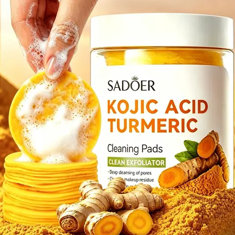 Facial Cleansing Pads Gentle Exfoliating Smoothing Hydrating for Dark Spots, Acne & Uneven Skin Tone. Turmeric Kojic Acid Mild Wipes for Deep Pore Cleansing & Glowing Complexion on All Skin Types.