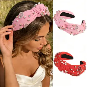 2Pack Heart Headband Pearl Rhinestone Wide Top Knot Valentines Headbands for Women Girls Thick Thin Hair Sweetheart Knotted Head Band Jeweled Hair Band Hair Accessories
