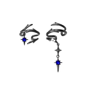 Goth Ear Cuff Earrings For Women Non Piercing Gothic liquid Metal Thorns Cross Blue Cubic Zirconia Chain Dangle Dainty Cool Asymmetrical Design Black Ear Cuff Clip On Cartilage Earrings Jewelry Birthday Gift For Her GF y2k emo accessorie