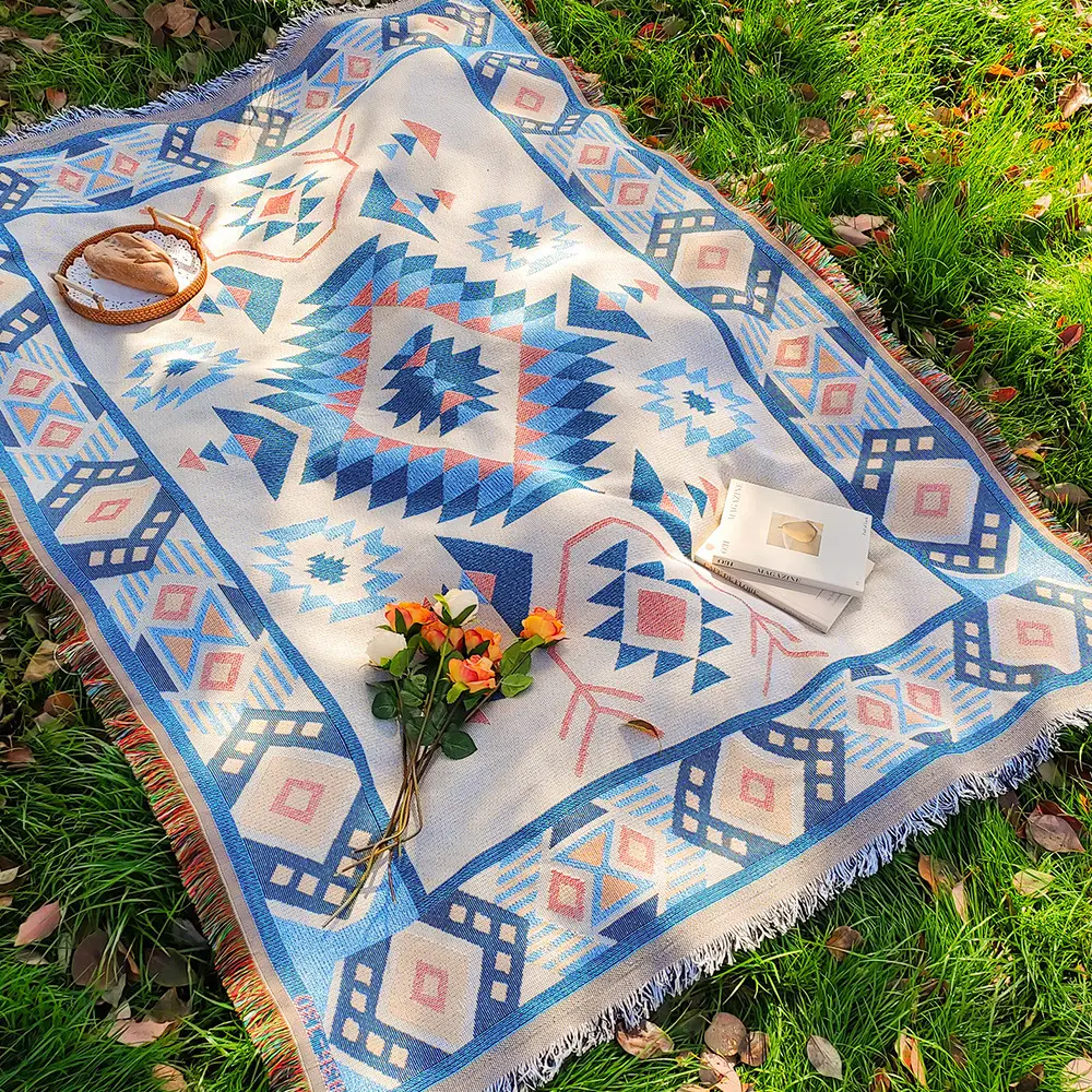 Bohemian outdoor picnic mat cotton yarn fringed thread blanket tent moisture-proof floor mat nap warm camping blanket