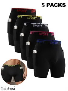 5 Packs Men's Solid Color / Letter Tape Stretchy Boxer Briefs with Double Pockets – Slim Fit, Comfortable, Breathable, Moisture-Absorbing, Opening Crotch Underwear for Daily Wear, All Seasons, Athleisure Menswear