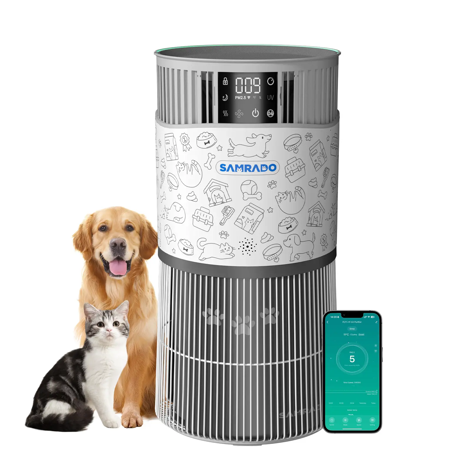 SAMRADO Pet Air Purifier for Home Large Room up to 4000 Sq Ft, 9 Fan Speed, H13 HEPA Air Purifier for Pet Hair Litter Box Odor, Dander & Allergens, Aromatherapy, Voice and Smart WiFi App Control, Washable Pre-Filter, 22dB Ultra Quiet for Bedroom