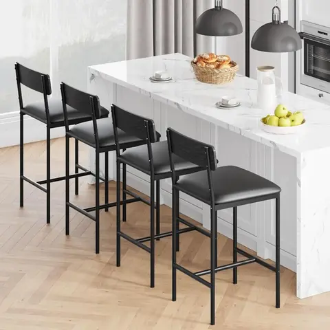 Set of 4 Upholstered Counter Height Bar Stools - Black Faux Leather with Backrest, Footrest, Durable, Easy Assembly, Easy Maintenance, 350lb Capacity, 16.59”L x 15.39”W x 37.49”H - for Kitchen Island, Dorm Essentials, Home Decor Indoor Furniture