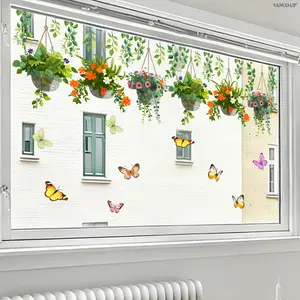 A 30*90cm hanging flower pot, green plant, butterfly flat static sticker decoration window sticker for window display and home background beautification, D22086