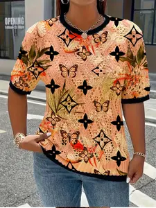Women's Boho Butterfly Floral Print Round Neck Short Sleeve Knitwear Sweater, Loose Fit Knit Top, Casual Comfortable All Seasons Wear