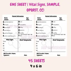 EMS Sheets (Vital Signs, SAMPLE, OPQRST, CC) 45 sheets 4 x 6 inches in size Buy 2 Get 1 Scrunchie  for FREE