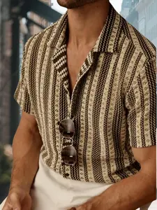 Men's Stretch Knit Jacquard Striped Short Sleeve Button Front Shirt, Casual Button Down with Classic Collar, Fitted Design for Summer & Daily Wear, Collared Shirt, Button Up Shirt