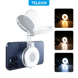 【 TikTokShopStockUp】TELESIN 3-in-1 Foldable Magnetic Mirror Selfie Light for All Phones, 360° LED Ring Light with MagSafe, Mirror & Phone Stand, Rechargeable Three-Color Fill Light for Makeup, Live Streaming & Photography, Compatible with iPhone 17