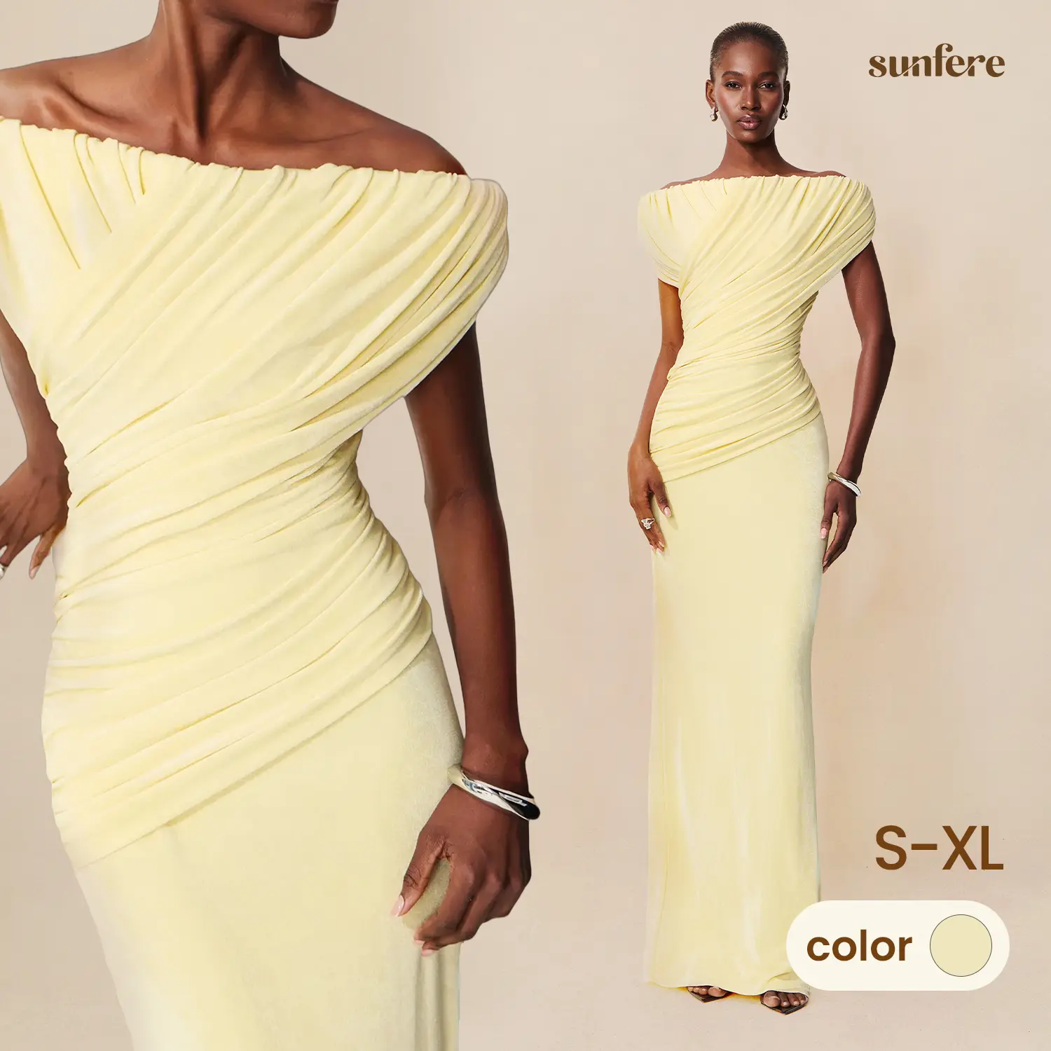 Sunfere Yellow Off Shoulder Ruched Maxi Dress - Draped Bow Back High Stretch Form-Fitting Elegant, Formal Event Cocktail Party Special Occasion
