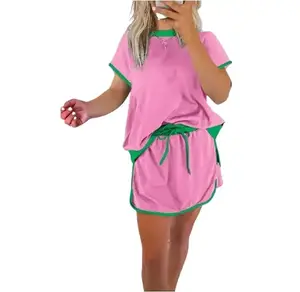 [LTO]2026 Summer Women's Color-Block Drop-Shoulder T-Shirt and Pants Set    Ladies' casual suit  Short Top Womenswear,summervibes