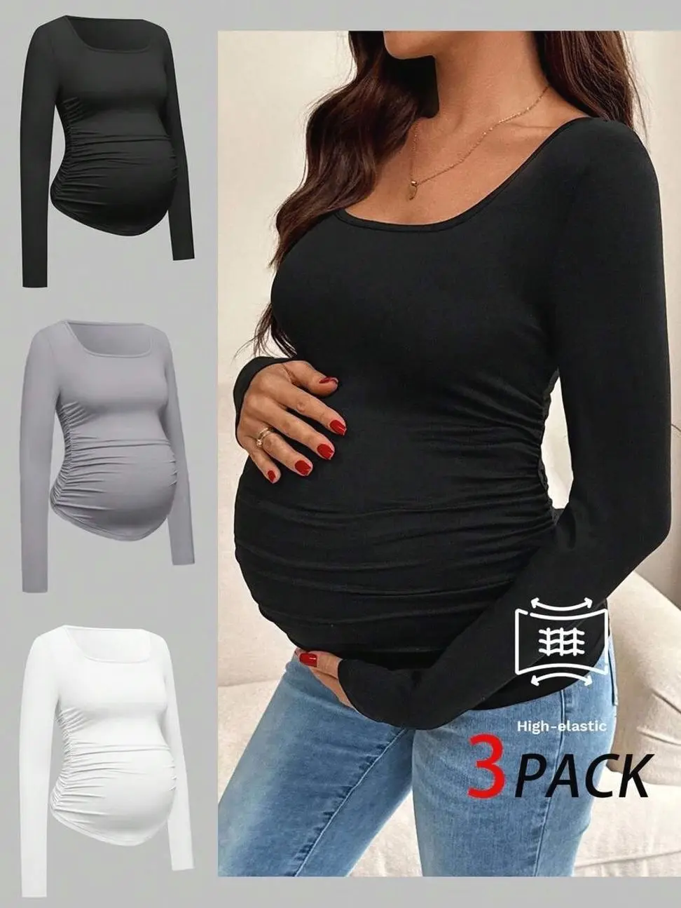 Maternity Square Neck Knitted Long Sleeve Top, Draped Fitted Elegant Pregnancy Shirt