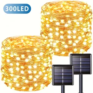 2-Pack Solar String Lights, Total Length 104.98 Feet, 300 LED Outdoor Solar Fairy Lights, 8 Modes of Solar Twinkling Lights, Mini LED Solar String Lights, Suitable for Christmas Garden Party Decorations, Warm White Color, IP44 Waterproof