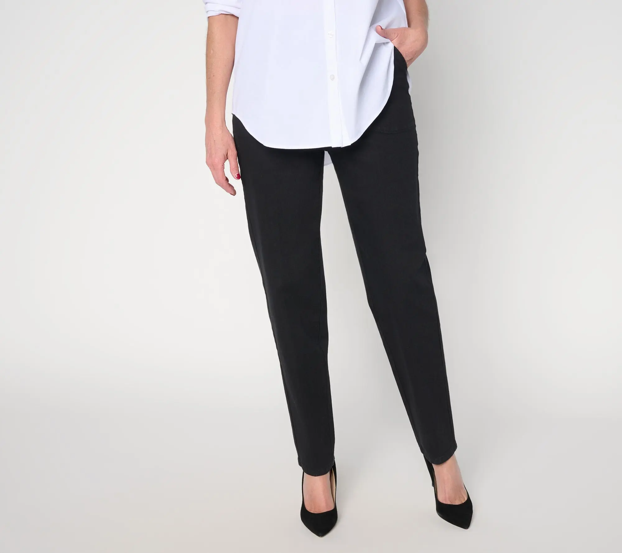 Denim & Co. Regular Black Flat Front Side Pocket Pants w/ Front Crease