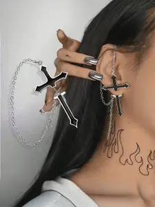 1pc Black Cross Integrated Stud Earring With Chain Detail, Punk Style Suitable For Women's Daily And Festival Wear Gift, Unique Cross Design